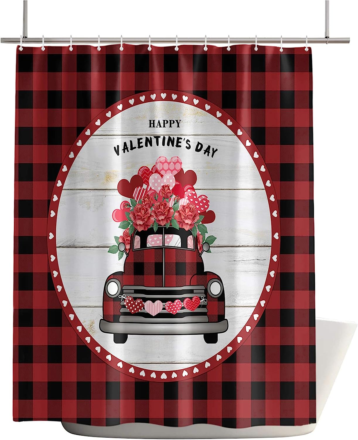 Red Truck Rose Floral Heart Plaid Valentine'S Day Shower Curtain For A Rustic Bathroom