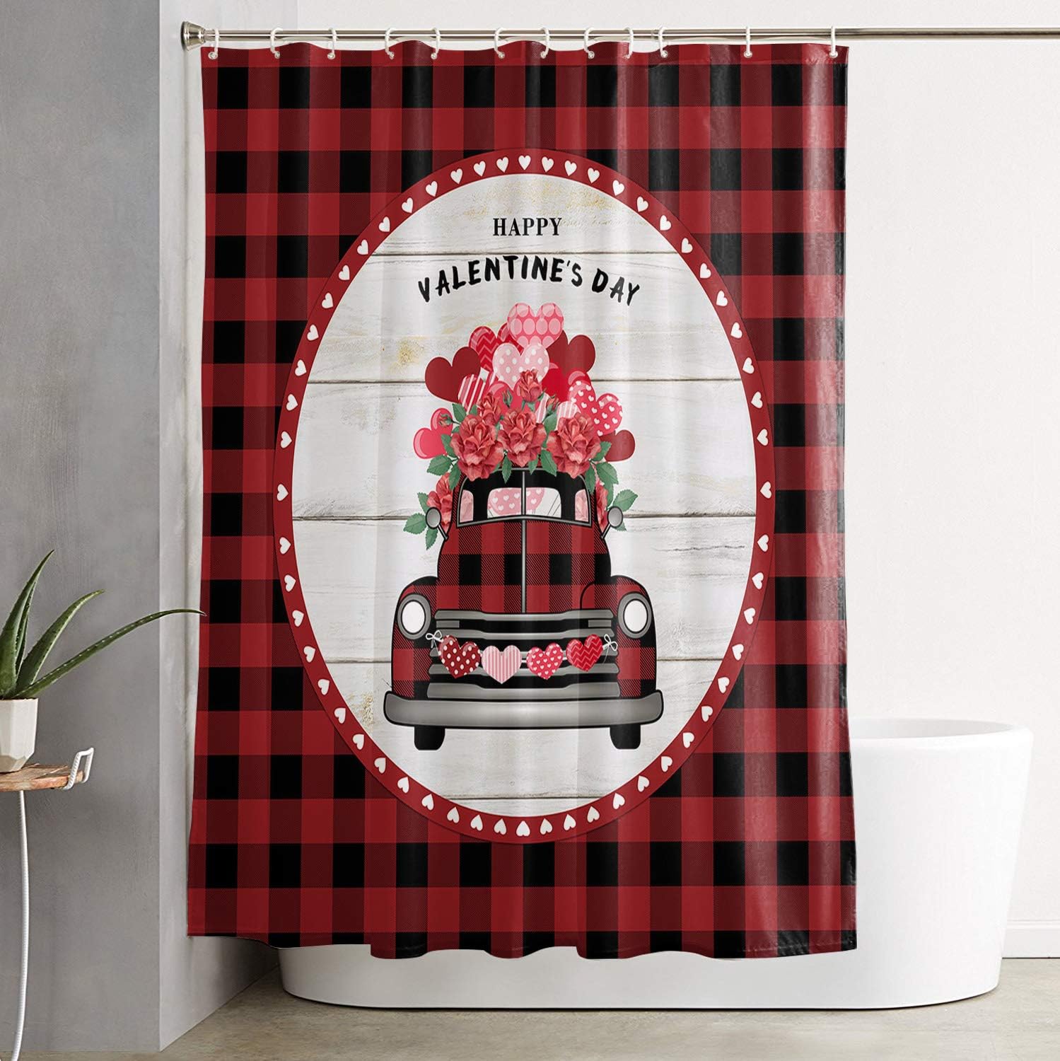 Red Truck Rose Floral Heart Plaid Valentine'S Day Shower Curtain For A Rustic Bathroom - Image 2