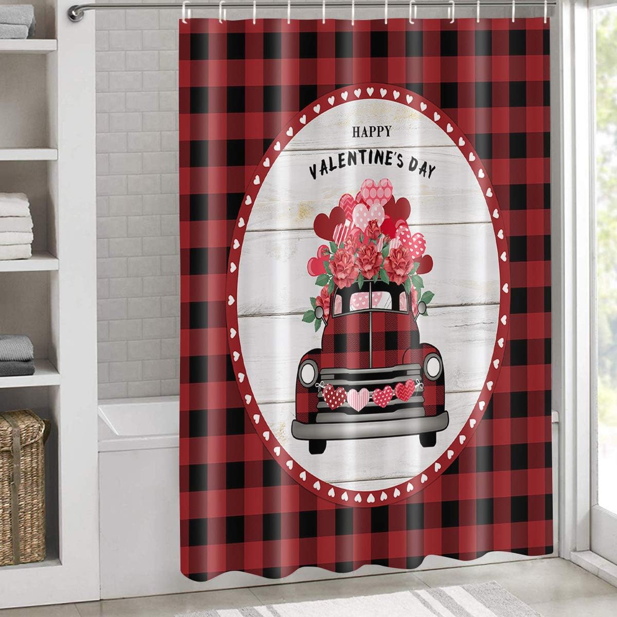 Red Truck Rose Floral Heart Plaid Valentine'S Day Shower Curtain For A Rustic Bathroom - Image 3