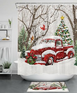 Red Truck Snow Forest Christmas Tree Shower Curtain With Cardinal Accents