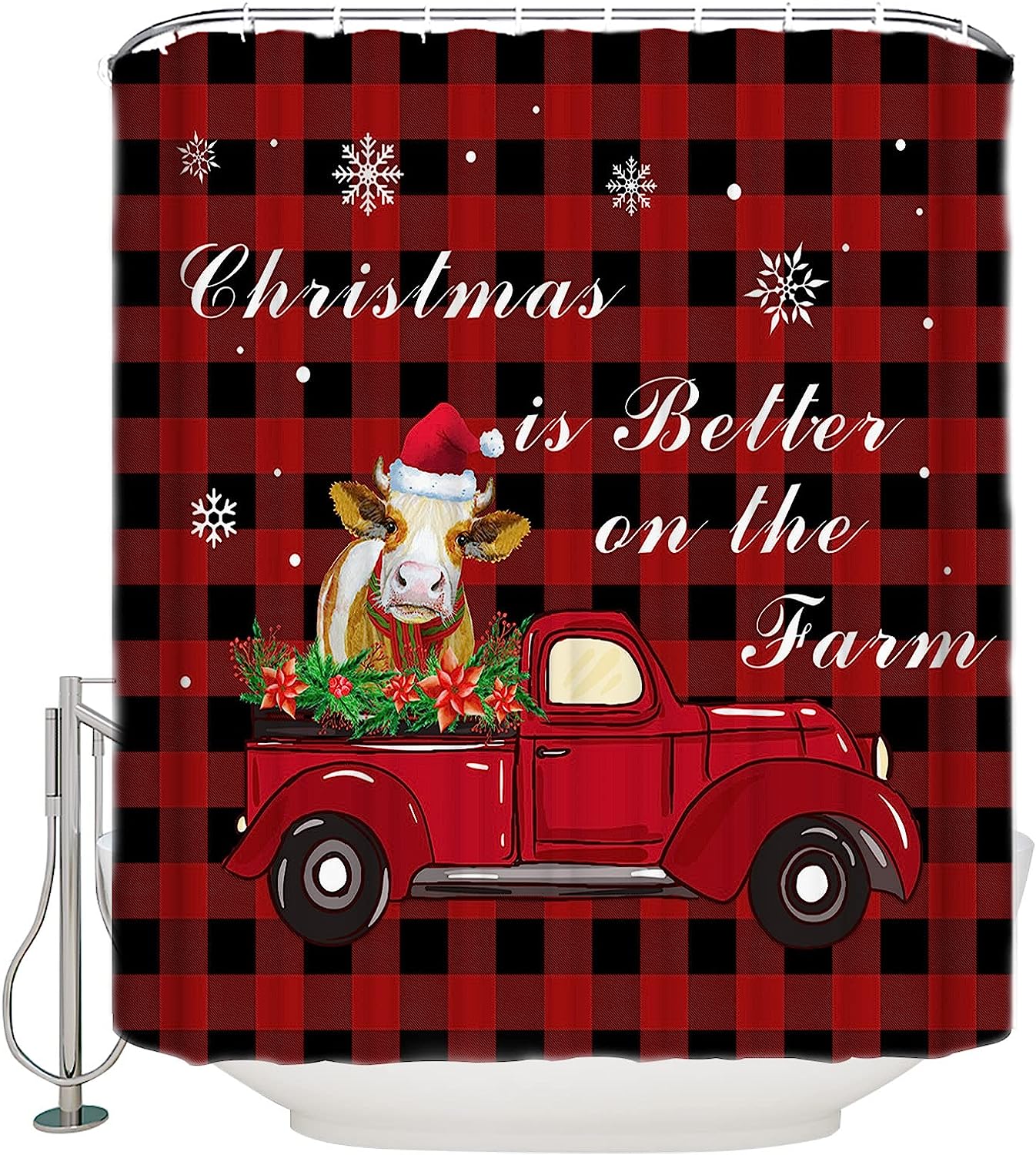 Red Truck Snowflake Shower Curtain | Farm Merry Christmas Bathroom Decor