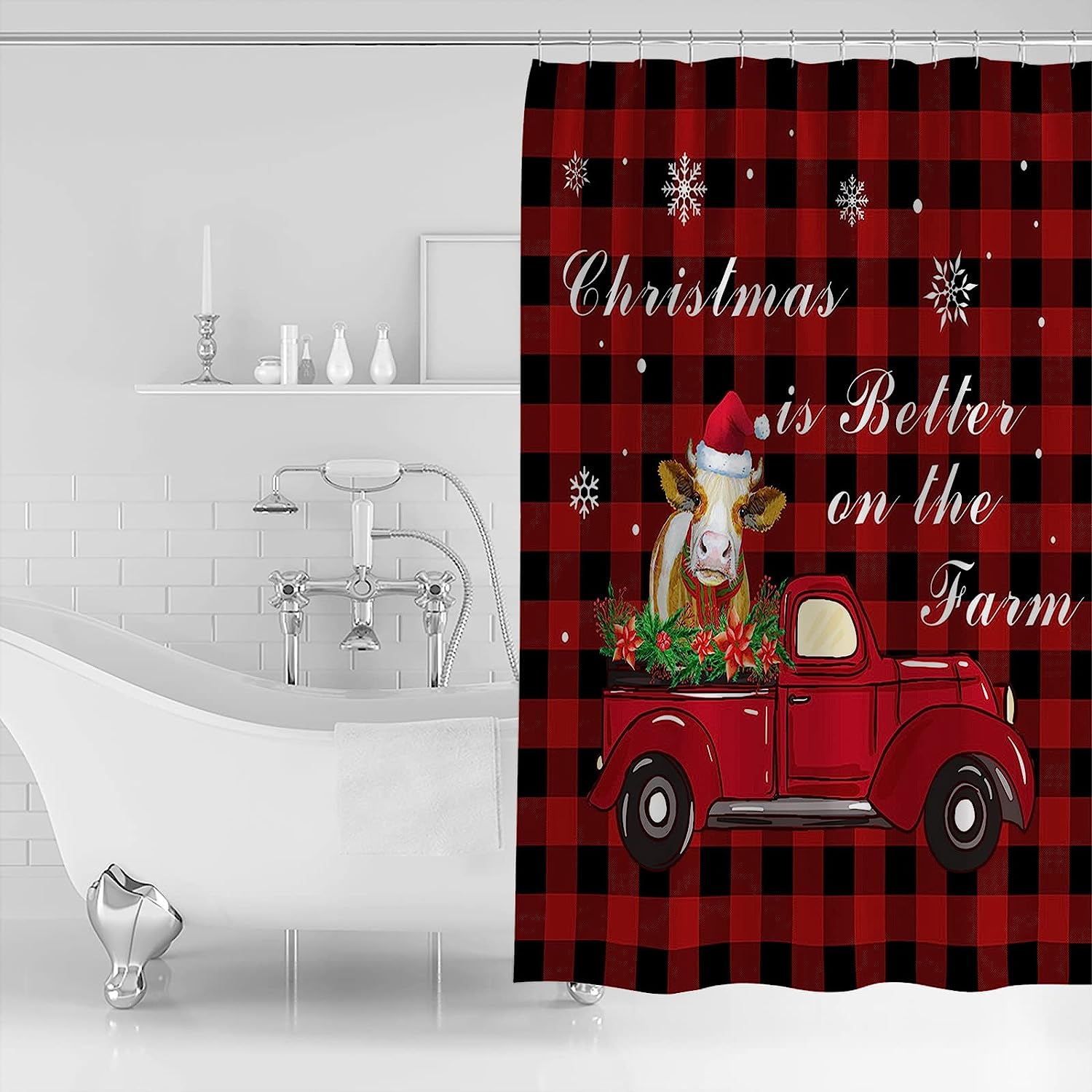 Red Truck Snowflake Shower Curtain | Farm Merry Christmas Bathroom Decor - Image 2