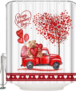 Red Truck with Bear Love Tree Shower Curtain - LB Valentines Day Bathtub Curtainses