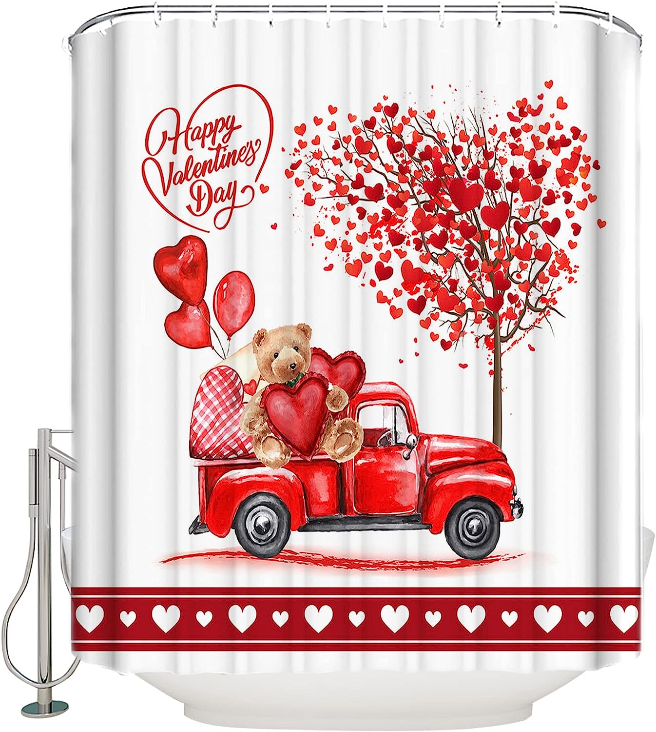 Red Truck with Bear Love Tree Shower Curtain - LB Valentines Day Bathtub Curtainses