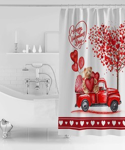 Red Truck with Bear Love Tree Shower Curtain - LB Valentines Day Bathtub Curtainses
