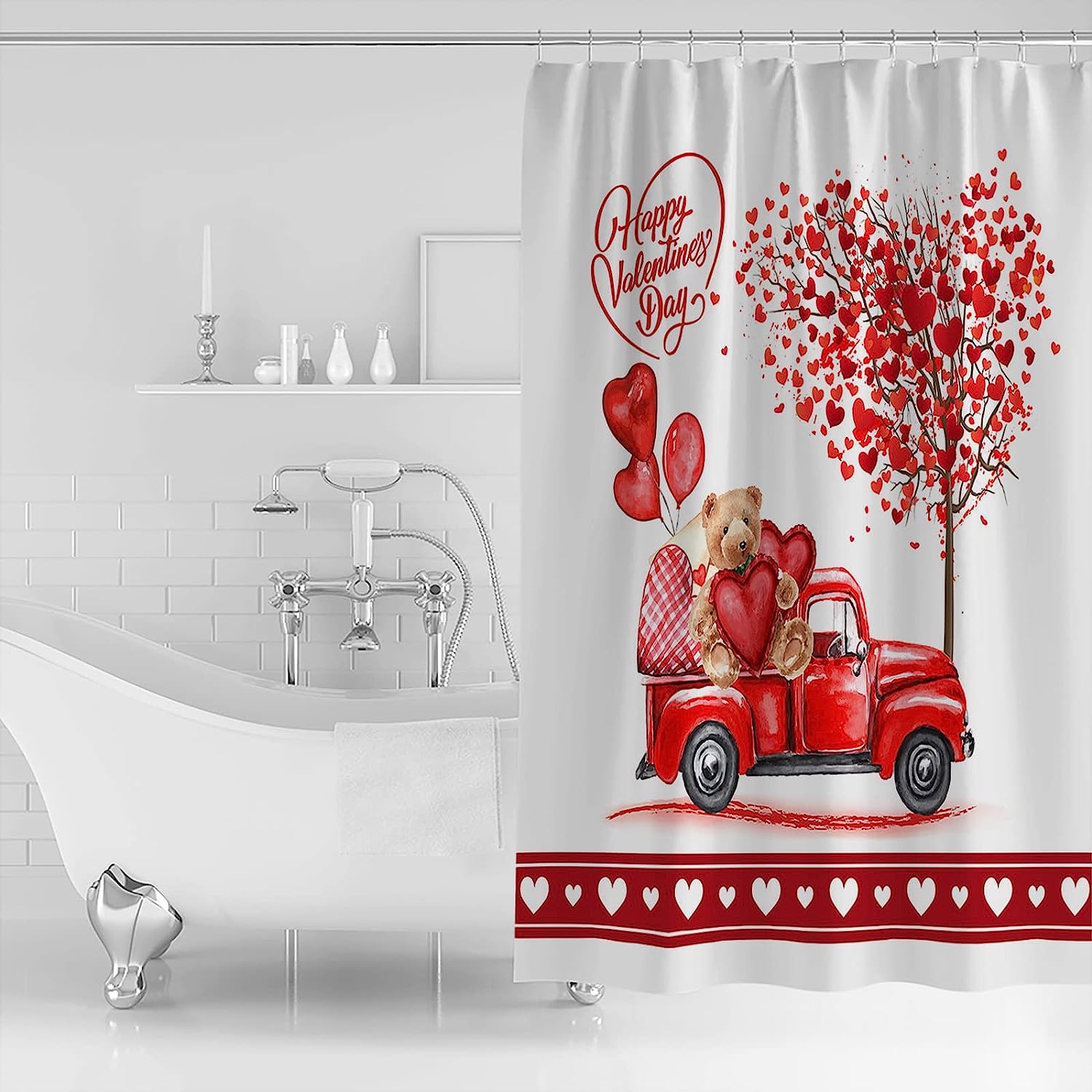 Red Truck with Bear Love Tree Shower Curtain - LB Valentines Day Bathtub Curtainses