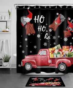 Red Truck with Gnome and Snowflake Print Shower Curtain, Perfect for the Winter Season Bathroom