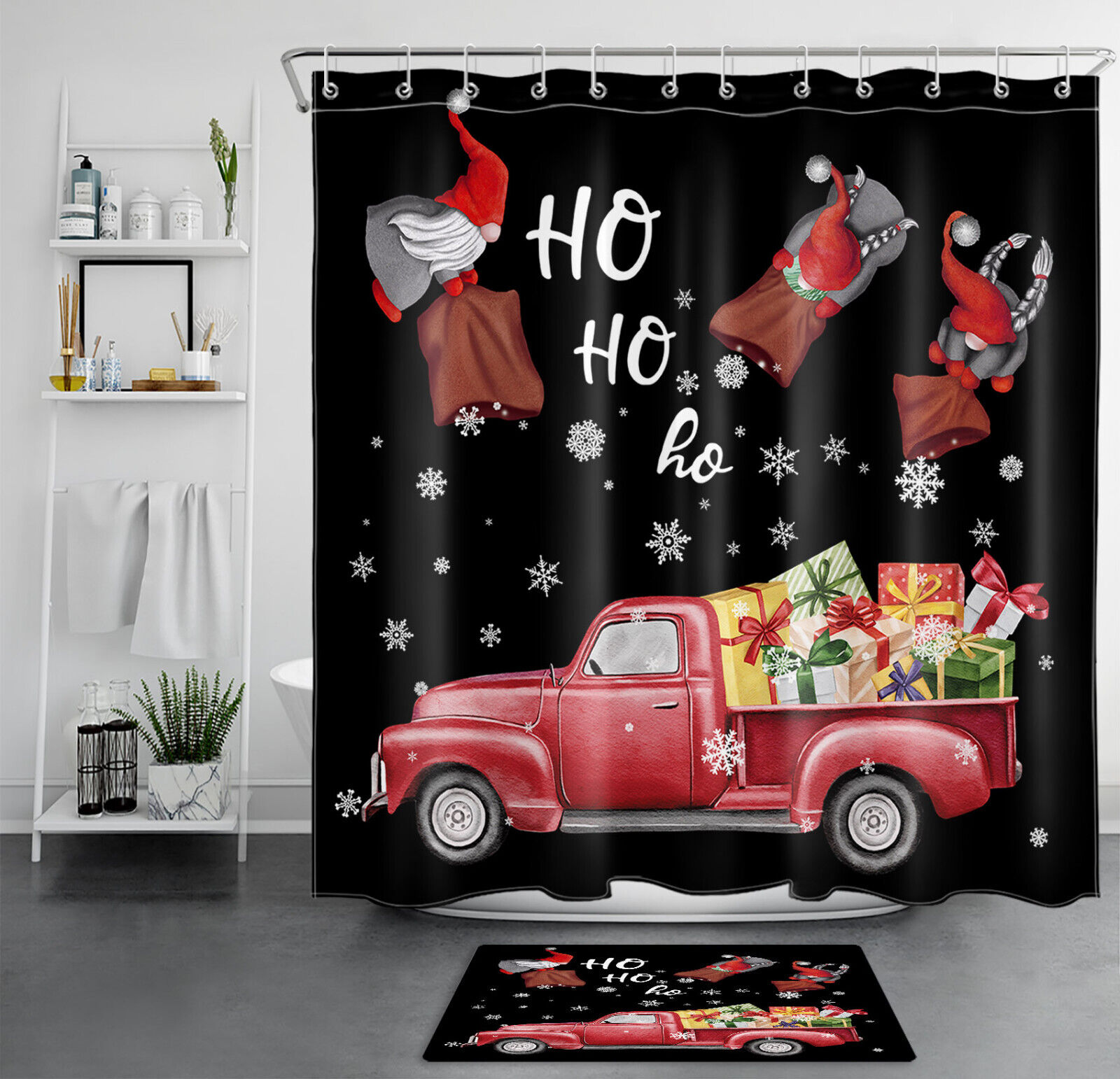 Red Truck with Gnome and Snowflake Print Shower Curtain, Perfect for the Winter Season Bathroom