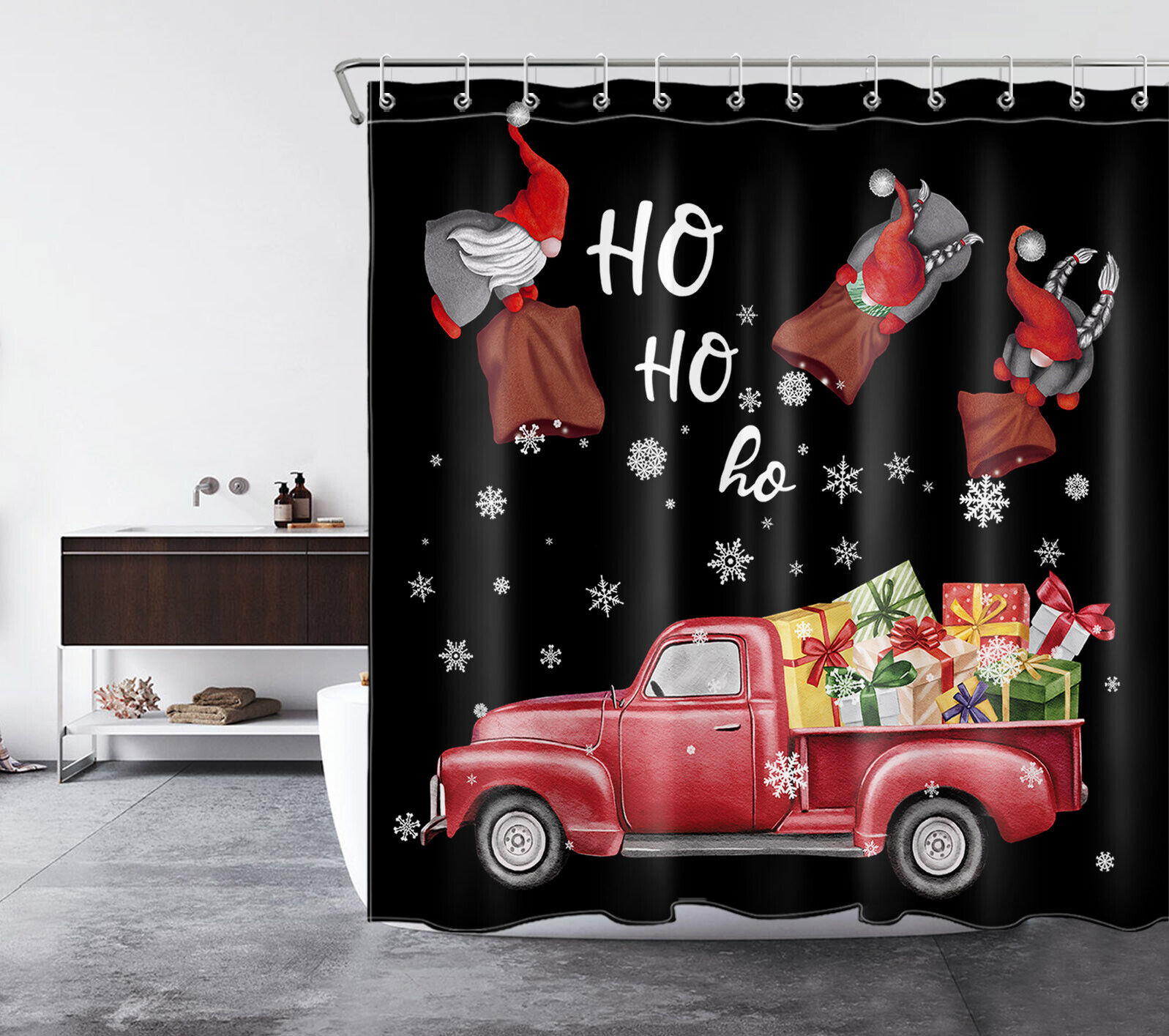 Red Truck with Gnome and Snowflake Print Shower Curtain, Perfect for the Winter Season Bathroom