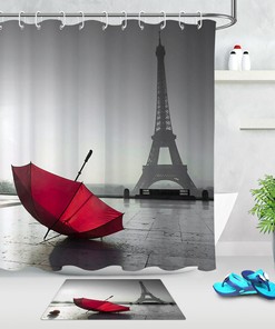 Red Umbrella Paris Eiffel Tower Fabric Shower Curtain, Perfect for Lover's Bathroom 
