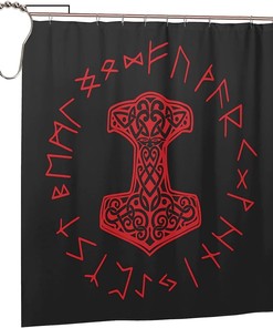 Red Viking Mjolnir and Norse Rune Wheel Shower Curtain for Unique Bathroom Dcor
