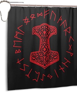 Red Viking Mjolnir and Norse Rune Wheel Shower Curtain for Unique Bathroom Dcor