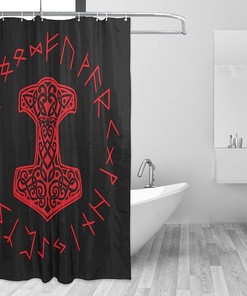 Red Viking Mjolnir and Norse Rune Wheel Shower Curtain for Unique Bathroom Dcor
