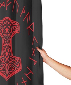 Red Viking Mjolnir and Norse Rune Wheel Shower Curtain for Unique Bathroom Dcor