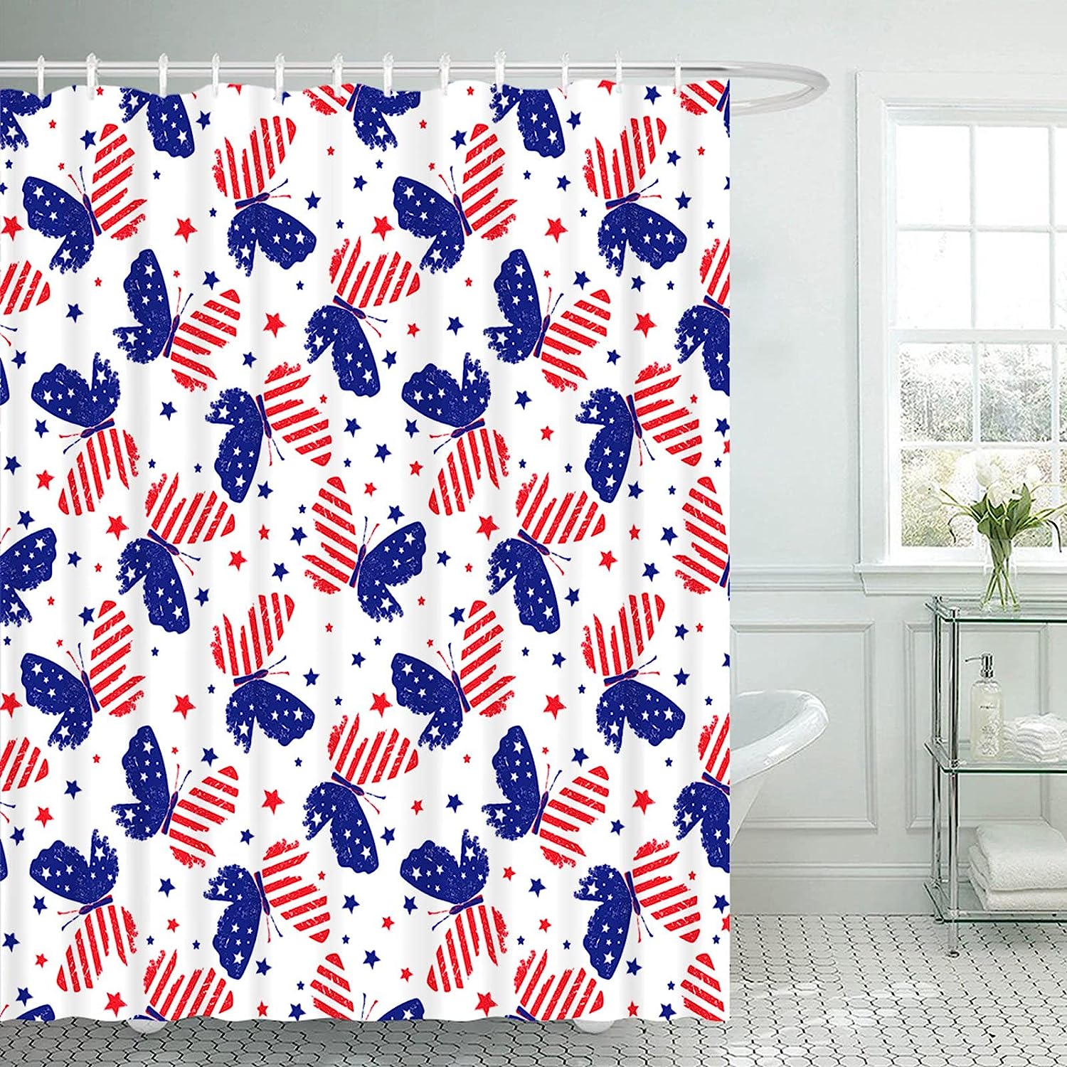 Red, White, And Blue Butterfly American Flag Shower Curtain For Patriotic Bathroom Decor - Image 3