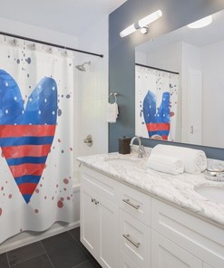 Red White And Blue Splatter Heart American Flag Shower Curtain Patriotic 4Th Of July Bathroom Decor