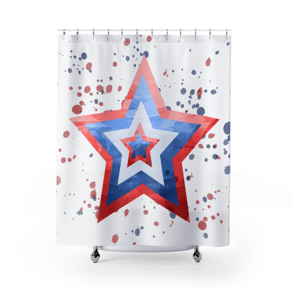 Red White And Blue Splatter Star American Flag Shower Curtain Patriotic 4Th Of July Bathroom Decor