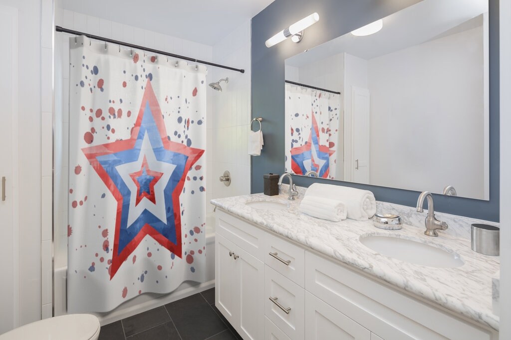Red White And Blue Splatter Star American Flag Shower Curtain Patriotic 4Th Of July Bathroom Decor - Image 2