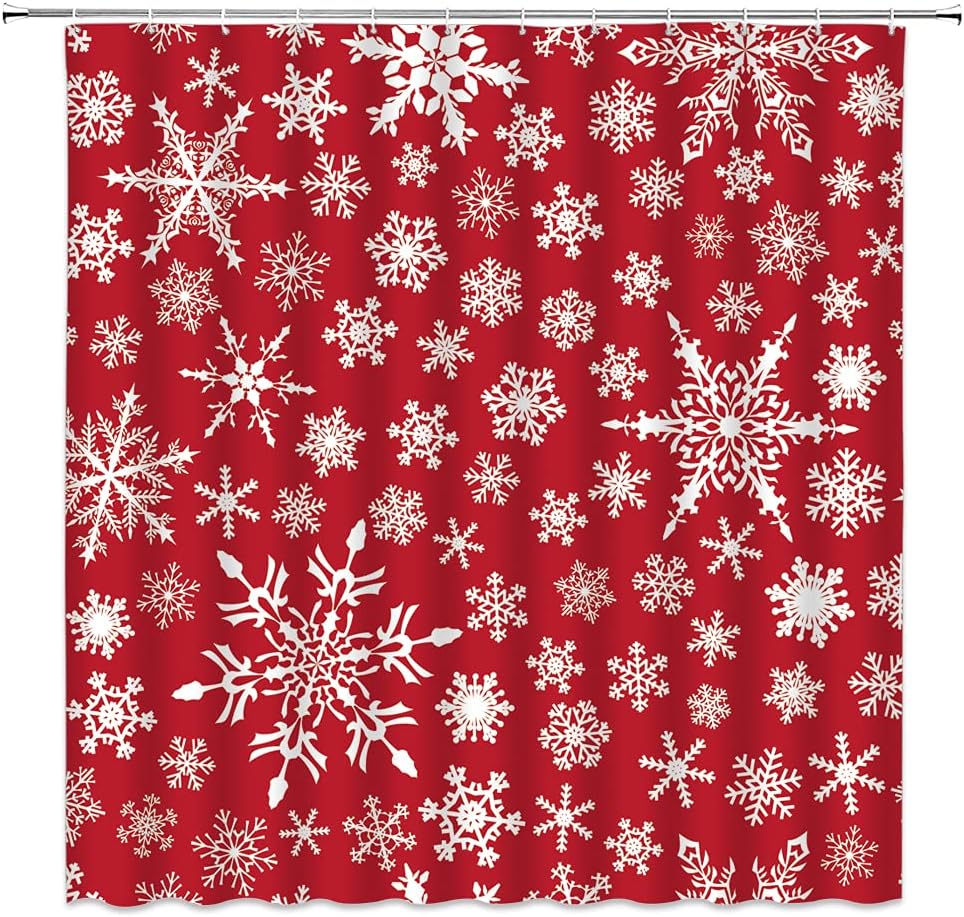 Red White Snowflake Rustic Shower Curtain, Winter Holiday Xmas Snow Happy Year Fabric - Edomgnih