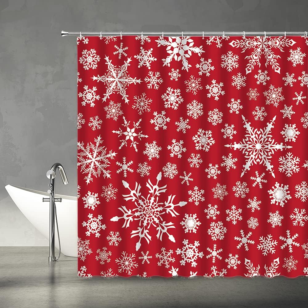 Red White Snowflake Rustic Shower Curtain, Winter Holiday Xmas Snow Happy Year Fabric - Edomgnih