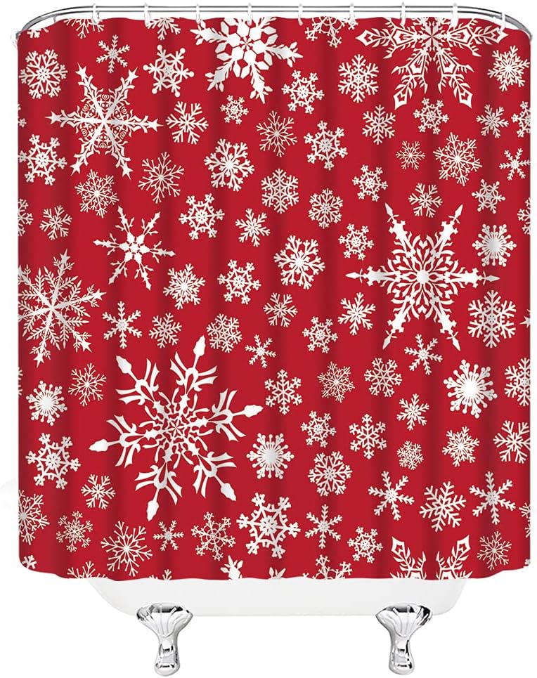 Red White Snowflake Rustic Shower Curtain, Winter Holiday Xmas Snow Happy Year Fabric - Edomgnih