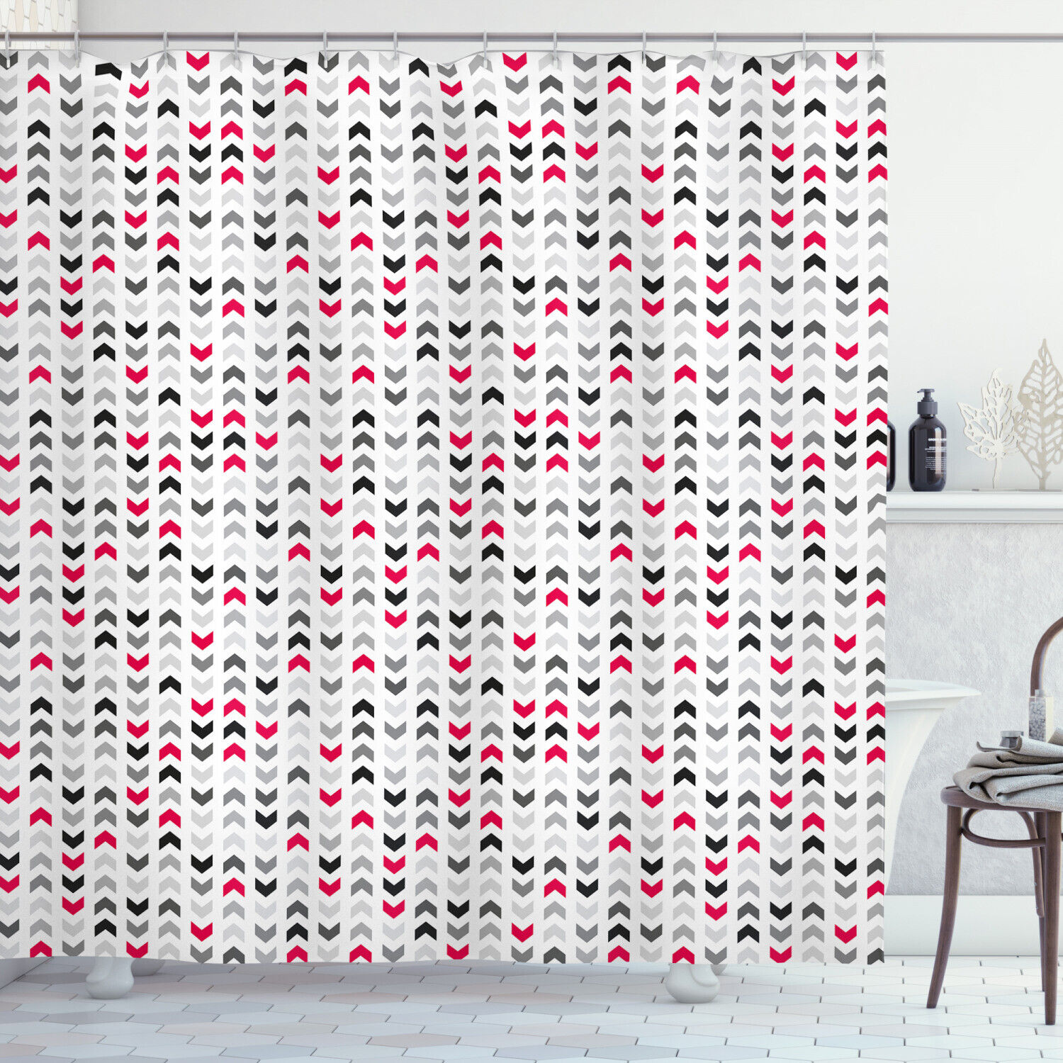 Red Zig Zags Chevron Geometric Pattern Shower Curtain For Modern Bathroom Decor
