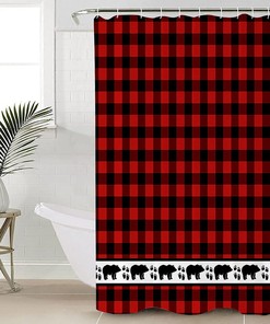 Red and Black Buffalo Plaid Forest Bear Footprints Shower Curtain for Rustic Home Decor