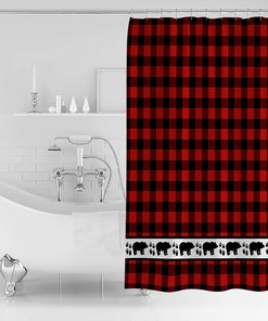 Red and Black Buffalo Plaid Forest Bear Footprints Shower Curtain for Rustic Home Decor