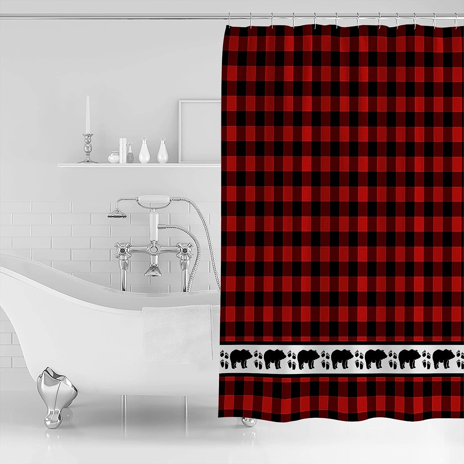 Red and Black Buffalo Plaid Forest Bear Footprints Shower Curtain for Rustic Home Decor