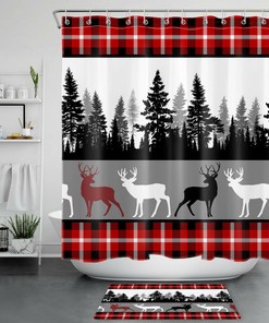 Red and Black Buffalo Plaid Forest Tree Elk Waterproof Fabric Shower Curtain