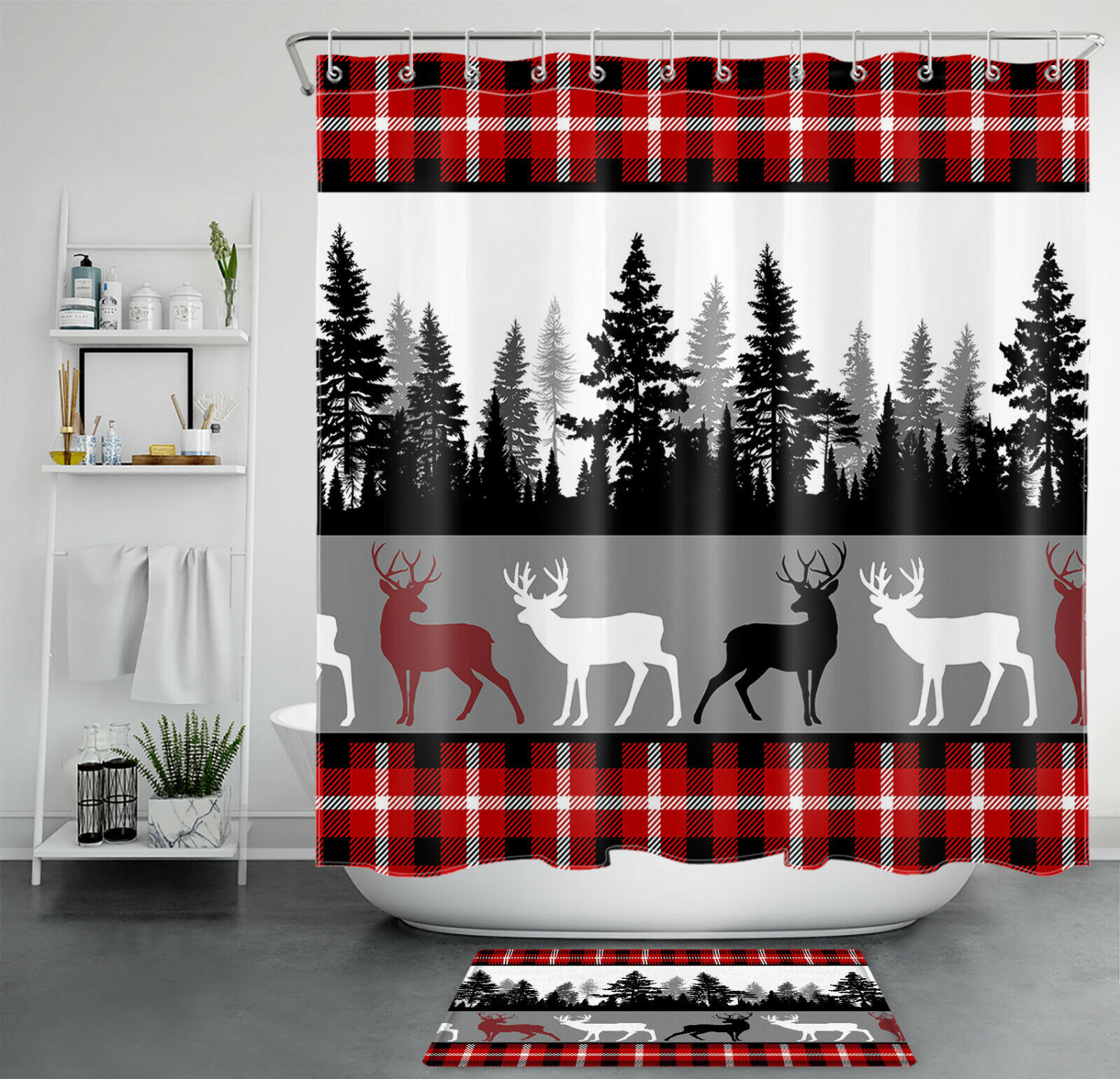 Red and Black Buffalo Plaid Forest Tree Elk Waterproof Fabric Shower Curtain