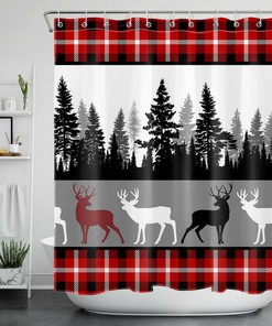 Red and Black Buffalo Plaid Forest Tree Elk Waterproof Fabric Shower Curtain