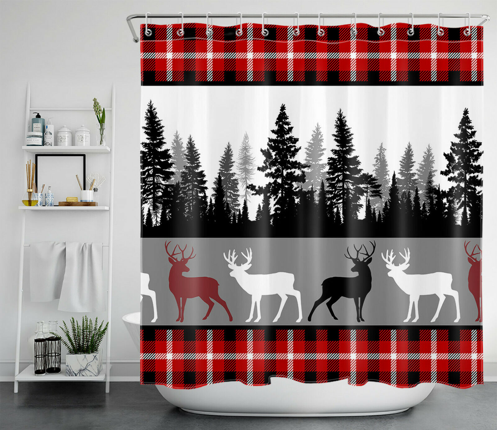 Red and Black Buffalo Plaid Forest Tree Elk Waterproof Fabric Shower Curtain