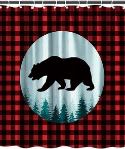 Red and Black Plaid Rustic Bear Shower Curtain with Bear Print