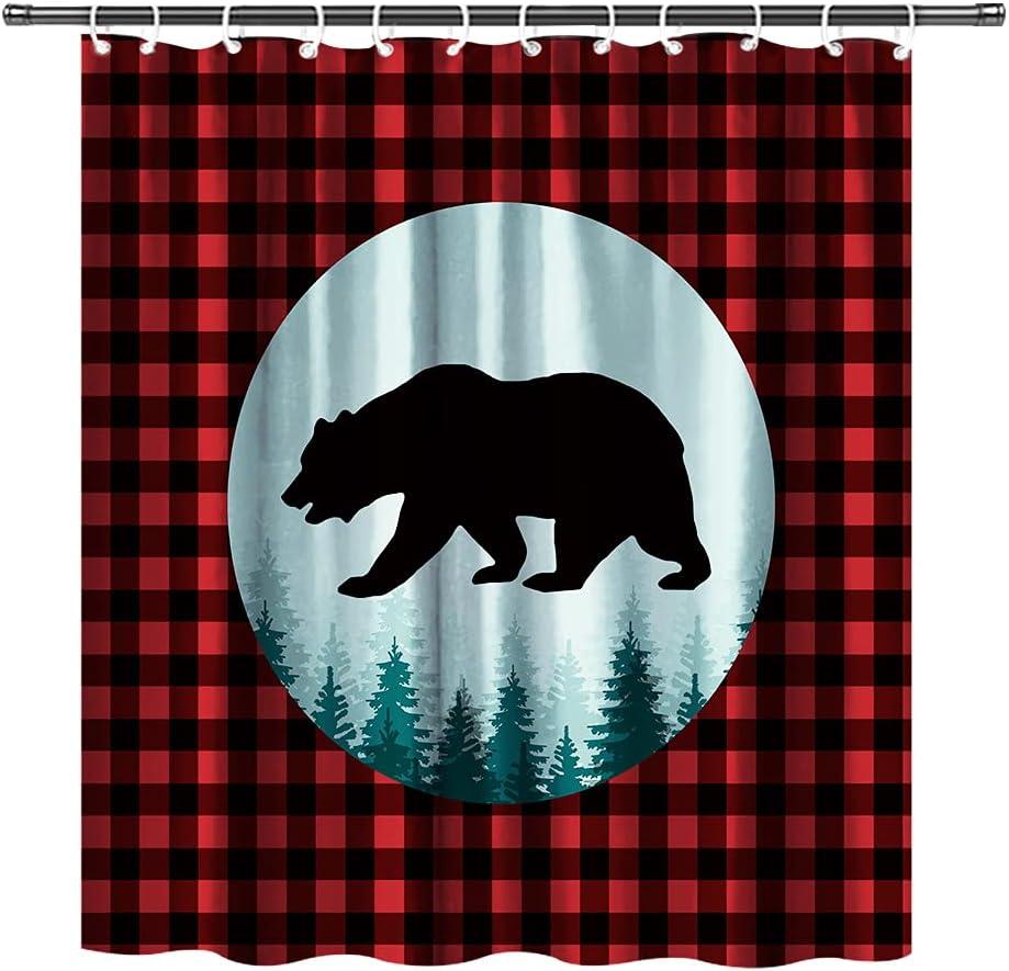 Red and Black Plaid Rustic Bear Shower Curtain with Bear Print