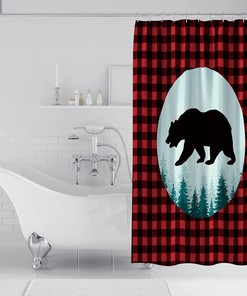 Red and Black Plaid Rustic Bear Shower Curtain with Bear Print
