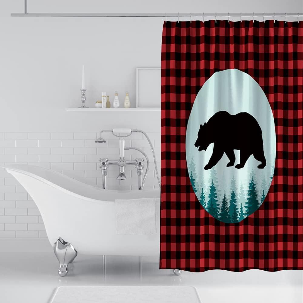 Red and Black Plaid Rustic Bear Shower Curtain with Bear Print