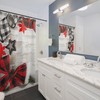 Red and Black Snowflake and Star Shower Curtain for a Festive Christmas Bathroom Decor