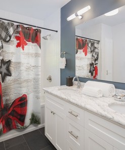 Red and Black Snowflake and Star Shower Curtain for a Festive Christmas Bathroom Decor