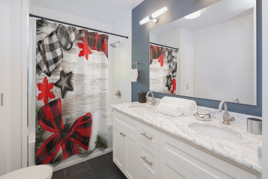Red and Black Snowflake and Star Shower Curtain for a Festive Christmas Bathroom Decor