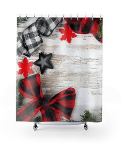 Red and Black Snowflake and Star Shower Curtain for a Festive Christmas Bathroom Decor