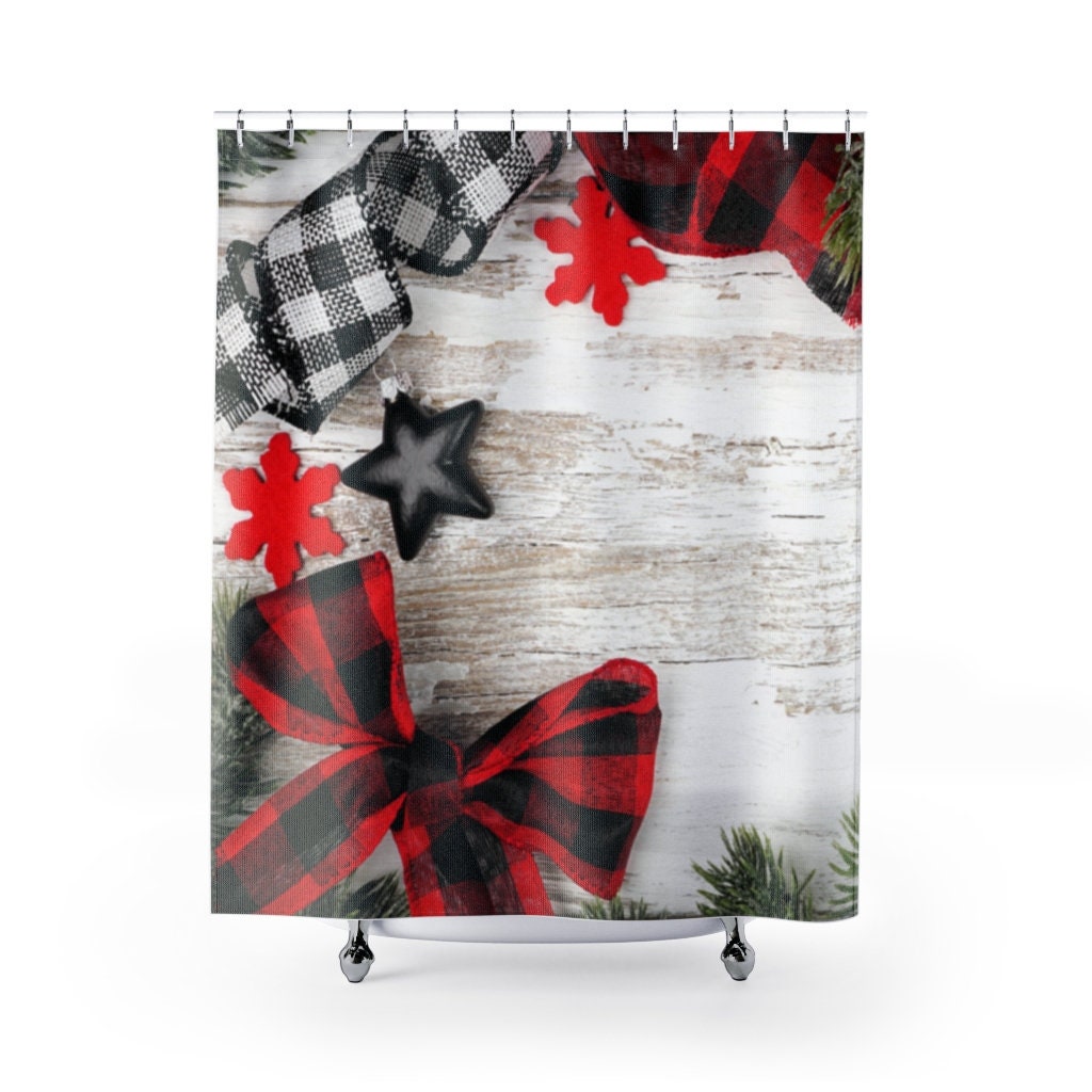 Red and Black Snowflake and Star Shower Curtain for a Festive Christmas Bathroom Decor