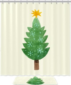 Red and Green Snowflake Christmas Tree Print Shower Curtain Bathroom Decor
