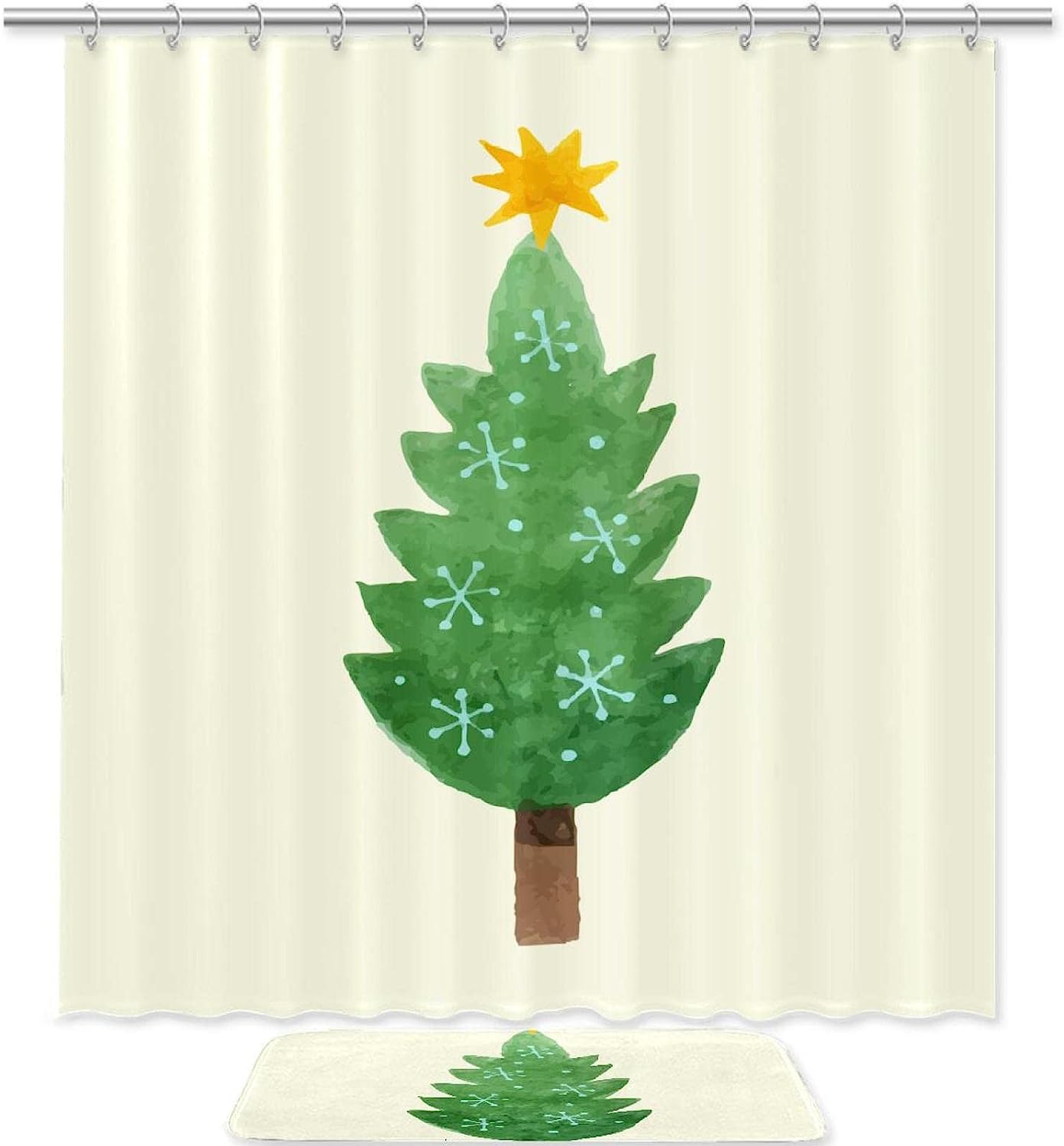 Red and Green Snowflake Christmas Tree Print Shower Curtain Bathroom Decor