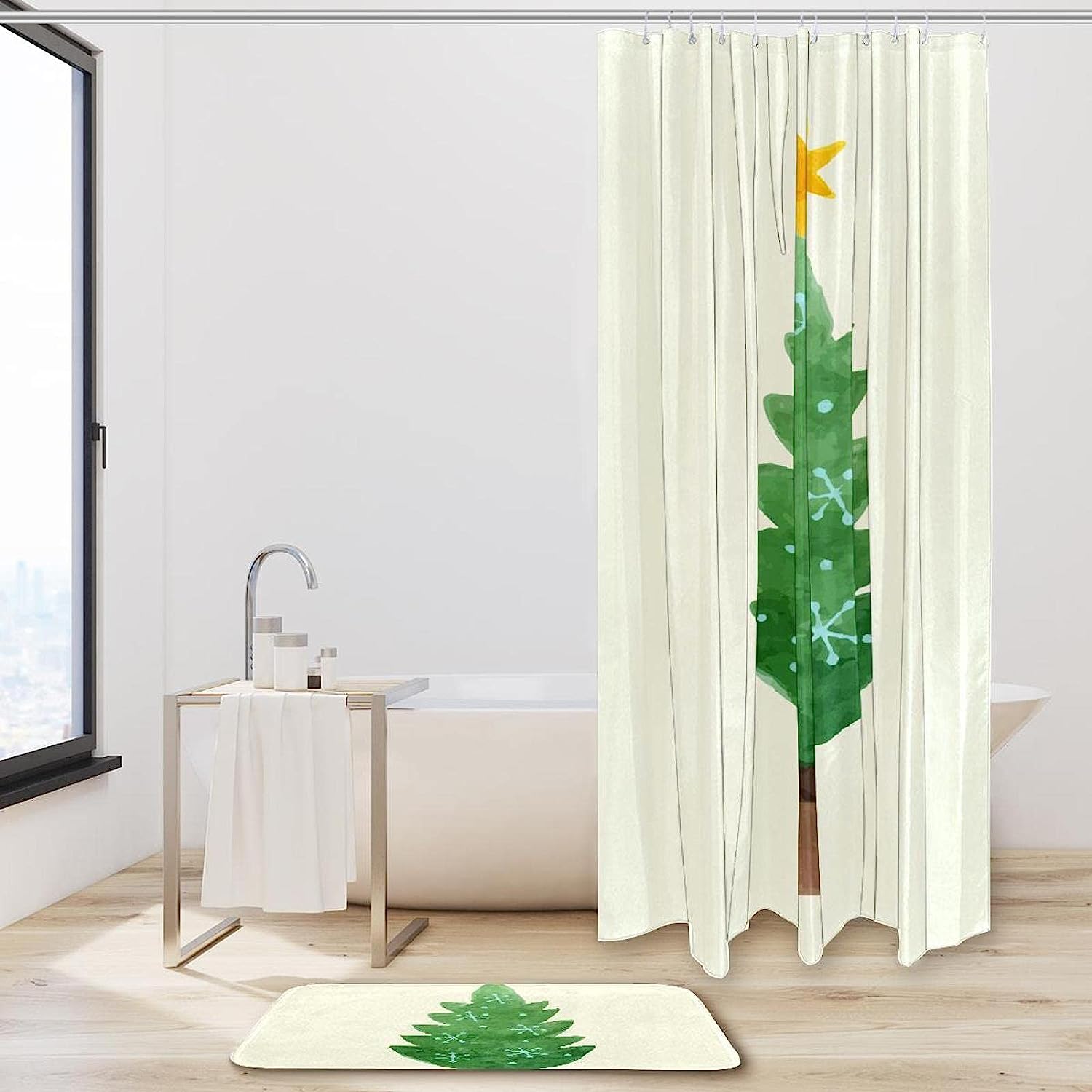 Red and Green Snowflake Christmas Tree Print Shower Curtain Bathroom Decor