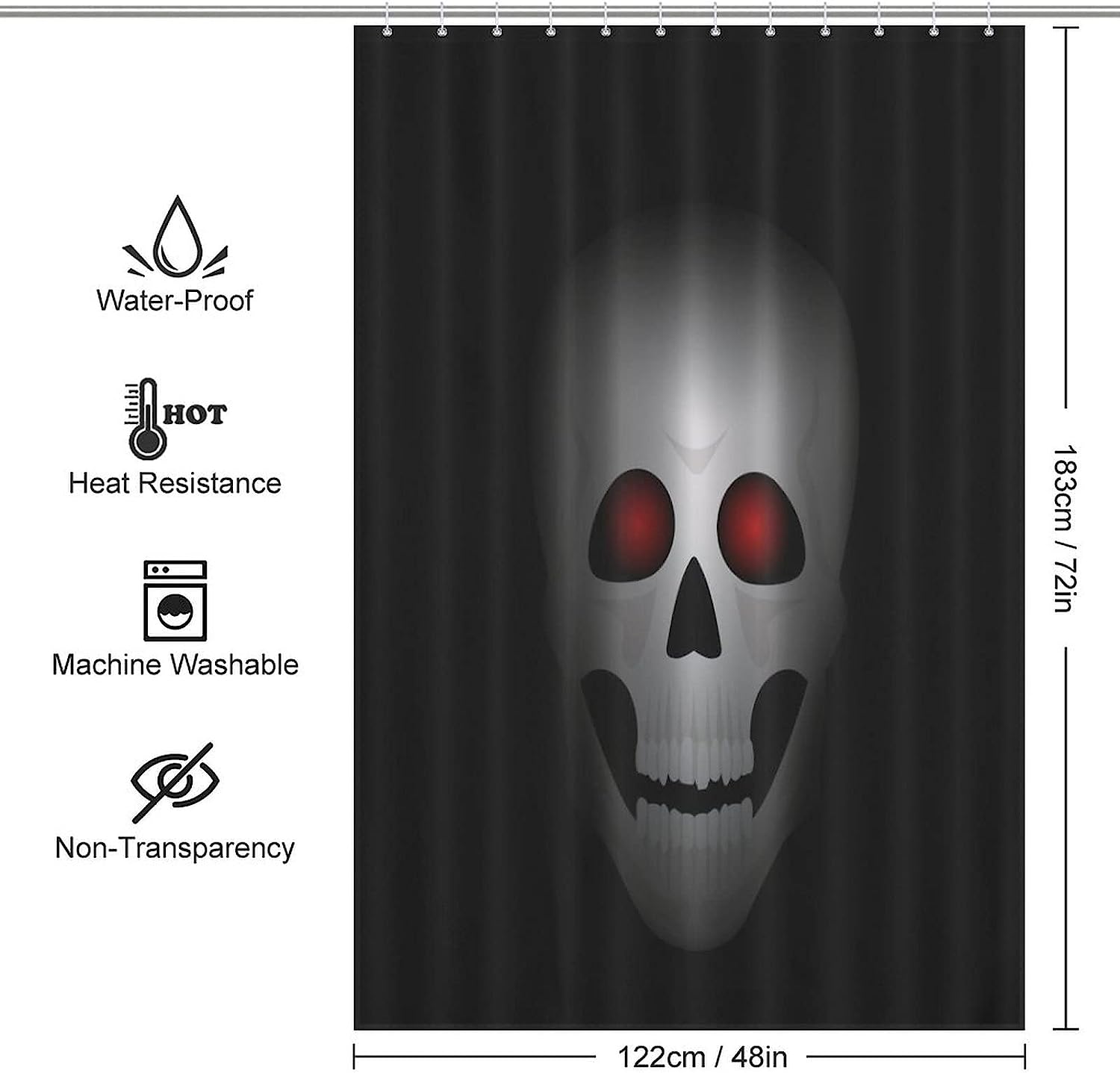 Red-Eyed Skull Print Shower Curtain for a Striking and Spooky Bathroom Statement