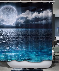 Reflecting Moon Water Shower Curtain with Clouds and Ocean Print