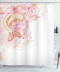 Reflexive Koi Fish Shower Curtain | Love Theme Inspired | Cloth Fabric Bathroom Decor (Pink Yellow)
