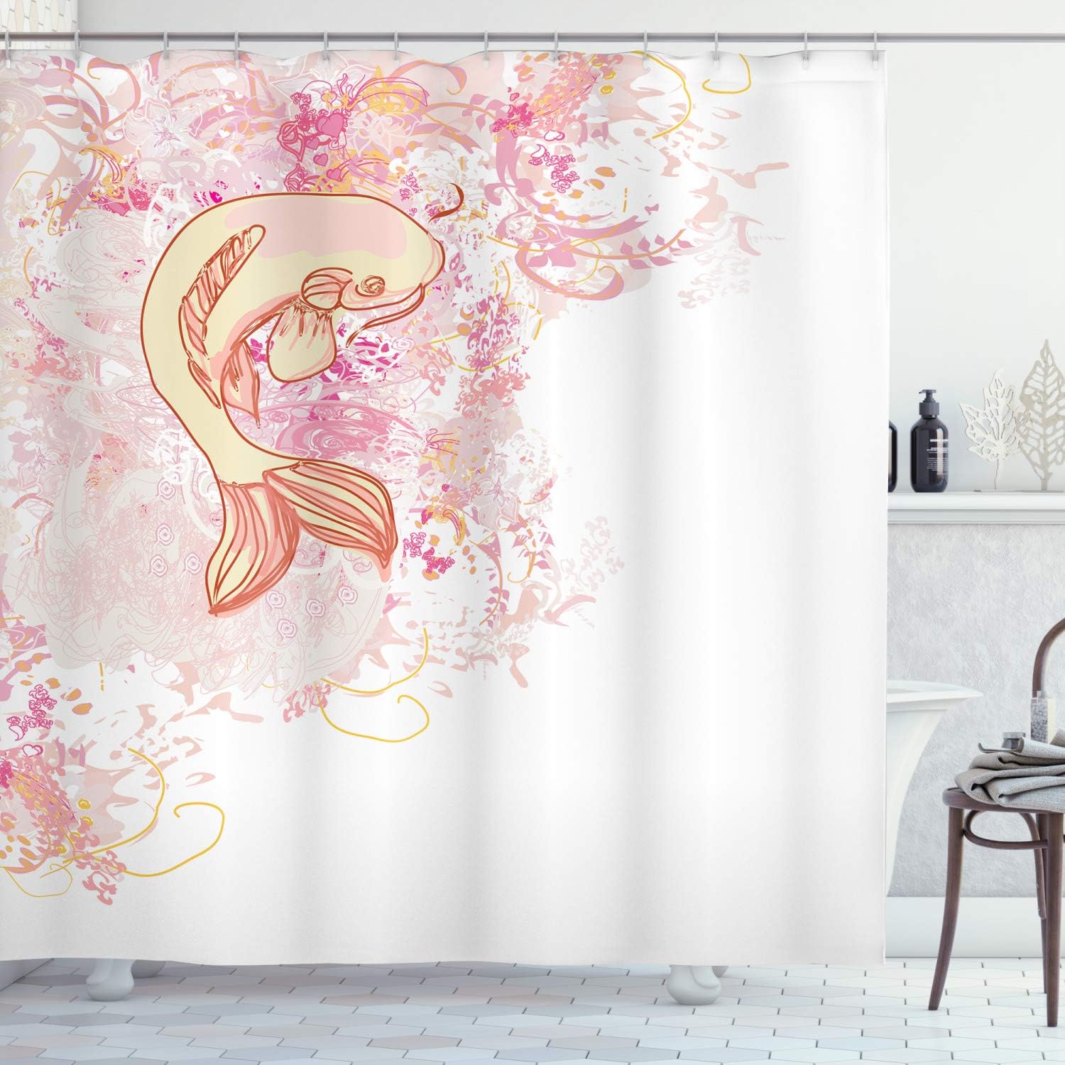 Reflexive Koi Fish Shower Curtain | Love Theme Inspired | Cloth Fabric Bathroom Decor (Pink Yellow)