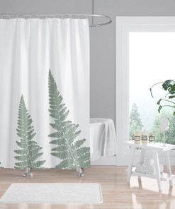 Refreshing Green Botanical Bath Shower Curtain With Woodland Ferns On White Background For Spa-Like Bathroom Decor